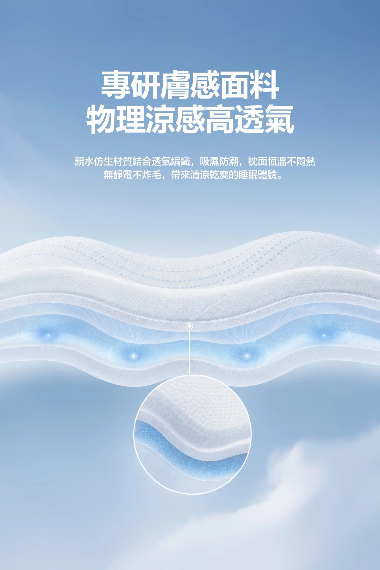 專研膚感面料 物理涼感高透氣 親水仿生材質 枕面恆溫不悶熱