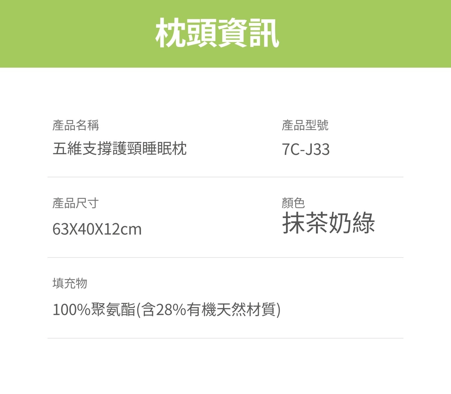 枕頭資訊 產品名稱 產品型號 7C-J33 63X40X12cm 抹茶奶綠 100%聚氨酯(含28%有機天然材質)